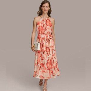 Donna Karan Women's Orange Halter-Neck Sleeveless Chain Straps Midi Dress Sz14